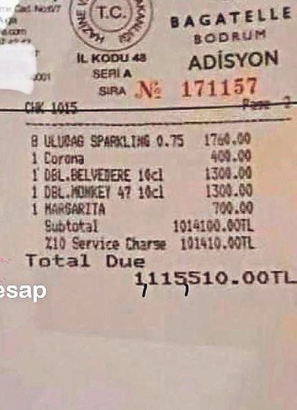Bodrum'da Bir Restoranda Gelen 1 Milyon 115 Bin TL'lik Adisyon Dudak Uçuklattı