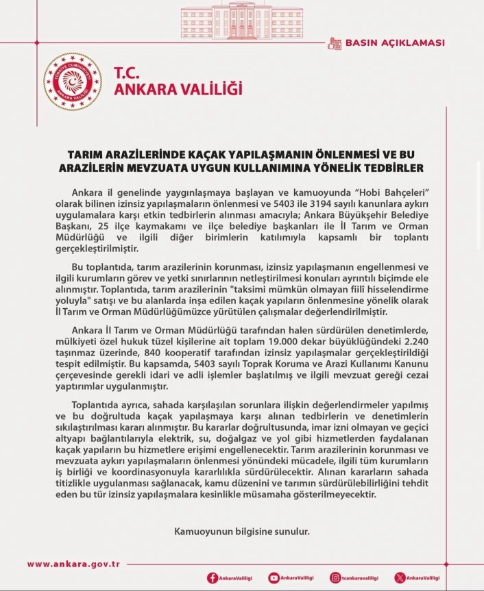 Ankara Valiliğinden hobi bahçelerine ilişkin karar: Kaçak yapılara yasak
