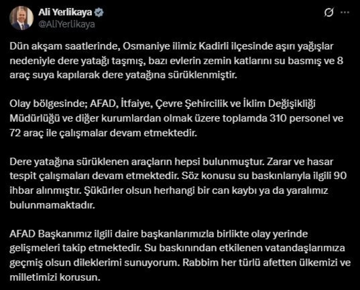 Bakan Yerlikaya, Osmaniyede taşan dere yatağında can kaybı olmadığını duyurdu
