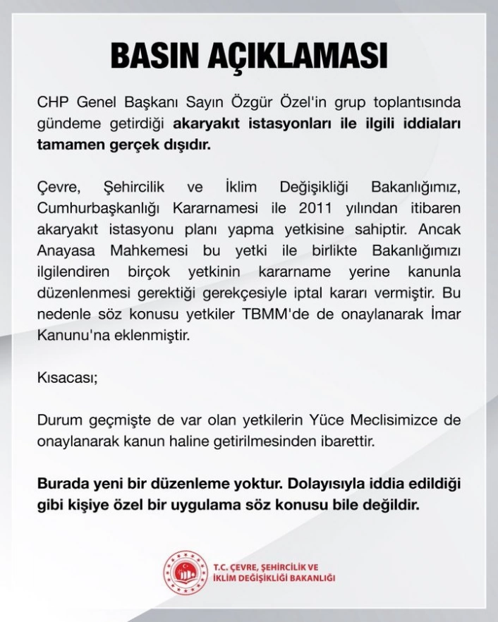 Bakanlıktan Özgür Özelin akaryakıt istasyonlarıyla ilgili iddialarına yalanlama
