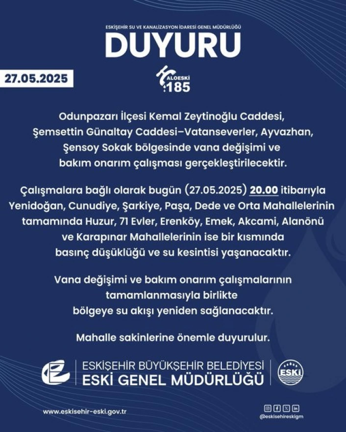 Bakım onarım çalışmaları nedeniyle çok sayıda mahallede sular kesilecek
