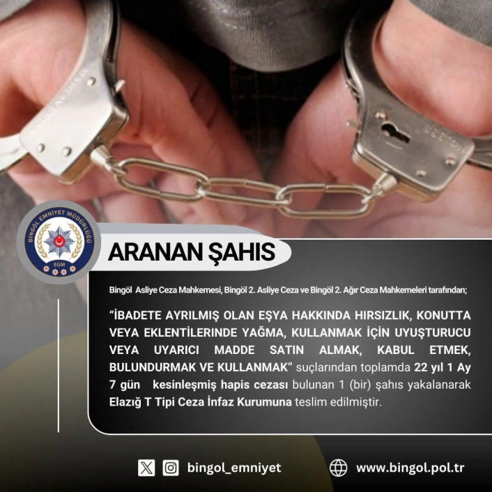 Bingölde kesinleşmiş hapis cezası ve araması bulunan 6 kişi yakalandı
