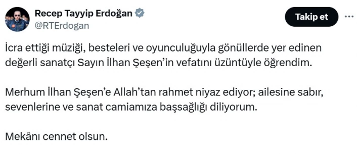 Cumhurbaşkanı Erdoğandan İlhan Şeşen için taziye mesajı
