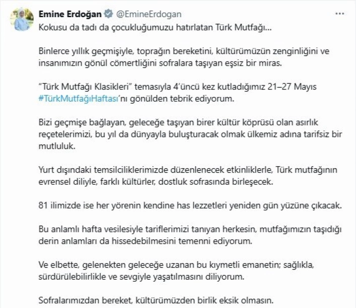 Emine Erdoğandan Türk Mutfağı Haftası paylaşımı
