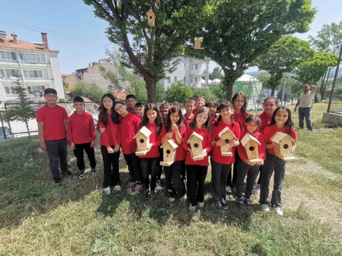 Hisarcıkta minik öğrenciler ağaçlara kuş yuvası astı
