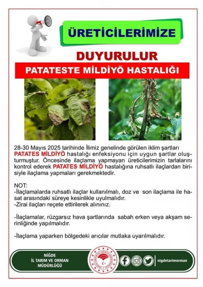 Niğde İl Tarım ve Orman Müdürlüğünden üreticilere mildiyö uyarısı
