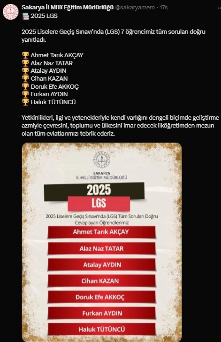 Sakaryada 7 öğrenci 500 tam puan alarak LGSde Türkiye birincisi oldu
