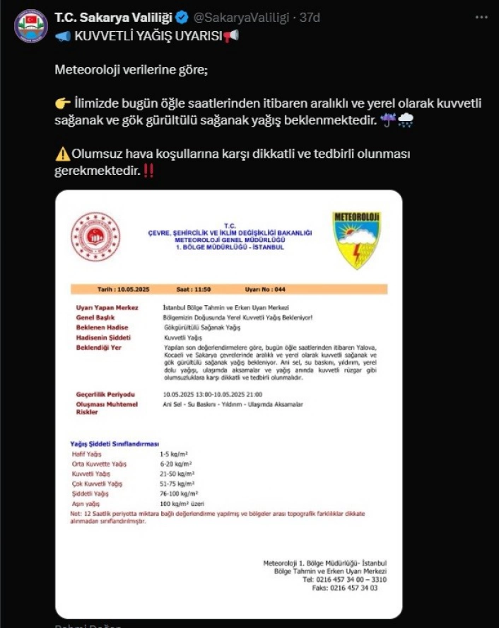 Sakaryada kuvvetli yağış uyarısı
