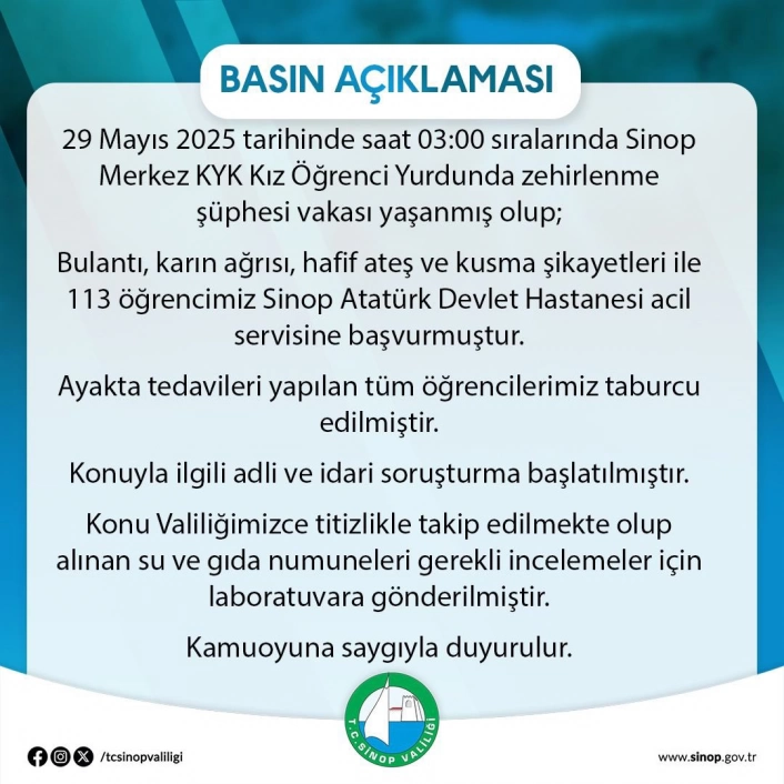 Sinopta 113 öğrenci zehirlenme şüphesiyle hastaneye başvurdu
