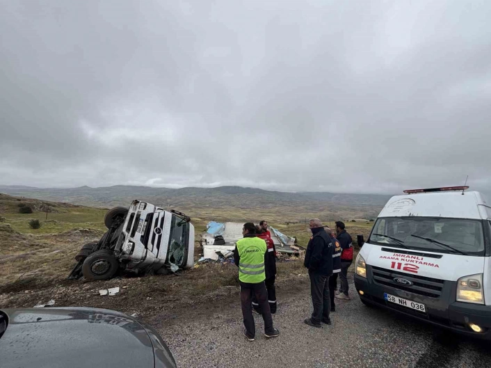 Yoldan çıkan meyve yüklü tır devrildi, sürücüsü yaralandı
