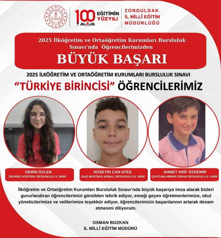 Zonguldaklı öğrenciler bursluluk sınavında Türkiye birincisi oldu
